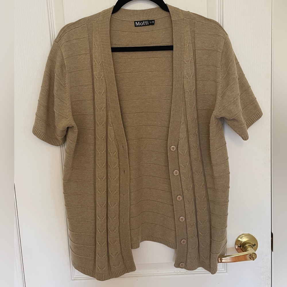 Tan Short Sleeve Button-Up Cardigan